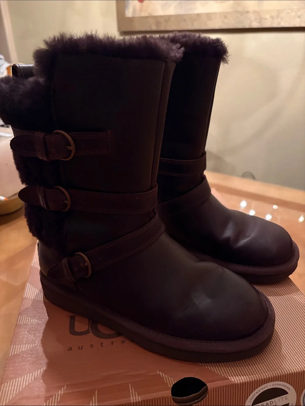 UGG Dark Brown Shearling-Trim Buckle Winter Boots